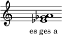  \relative c'{ \override Staff.TimeSignature #'stencil = ##f \cadenzaOn s1 <es ges a> s1 \cadenzaOff } \addlyrics { \small { es_ges_a } } 