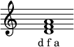  \relative c'{ \override Staff.TimeSignature #'stencil = ##f \cadenzaOn s1 <d f a> s1 \cadenzaOff } \addlyrics { \small { d_f_a } } 