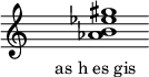  \ относительный f '{\ override Staff.TimeSignature #' stencil = ## f \ cadenzaOn s1 <as b es gis> s1 \ cadenzaOff} \ addlyrics {\ small {as_h_es_gis}} 