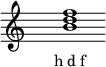  \relative f'{ \override Staff.TimeSignature #'stencil = ##f \cadenzaOn s1 <b d f> s1 \cadenzaOff } \addlyrics { \small { h_d_f } } 