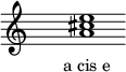  \relative f'{ \override Staff.TimeSignature #'stencil = ##f \cadenzaOn s1 <a cis e> s1 \cadenzaOff } \addlyrics { \small { a_cis_e } } 