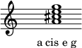  \relative f'{ \override Staff.TimeSignature #'stencil = ##f \cadenzaOn s1 <a cis e g> s1 \cadenzaOff } \addlyrics { \small { a_cis_e_g } } 