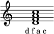  \relative c'{ \override Staff.TimeSignature #'stencil = ##f \cadenzaOn s1 <d f a c> s1 \cadenzaOff } \addlyrics { \small { d_f_a_c } } 