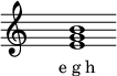  \relative c'{ \override Staff.TimeSignature #'stencil = ##f \cadenzaOn s1 <e g b> s1 \cadenzaOff } \addlyrics { \small { e_g_h } } 