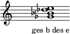  \relative f'{ \override Staff.TimeSignature #'stencil = ##f \cadenzaOn s1 <ges bes des e> s1 \cadenzaOff } \addlyrics { \small { ges_b_des_e } } 