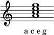  \relative f'{ \override Staff.TimeSignature #'stencil = ##f \cadenzaOn s1 <a c e g> s1 \cadenzaOff } \addlyrics { \small { a_c_e_g} } 