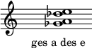  \relative f'{ \override Staff.TimeSignature #'stencil = ##f \cadenzaOn s1 <ges a des e> s1 \cadenzaOff } \addlyrics { \small { ges_a_des_e } } 