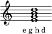  \relative c'{ \override Staff.TimeSignature #'stencil = ##f \cadenzaOn s1 <e g b d> s1 \cadenzaOff } \addlyrics { \small { e_g_h_d } } 