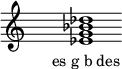  \relative c'{ \override Staff.TimeSignature #'stencil = ##f \cadenzaOn s1 <es g bes des> s1 \cadenzaOff } \addlyrics { \small { es_g_b_des } } 