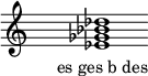  \relative c'{ \override Staff.TimeSignature #'stencil = ##f \cadenzaOn s1 <es ges bes des> s1 \cadenzaOff } \addlyrics { \small { es_ges_b_des } } 