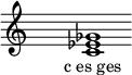  \relative c'{ \override Staff.TimeSignature #'stencil = ##f \cadenzaOn s1 <c es ges> s1 \cadenzaOff } \addlyrics { \small { c_es_ges } } 