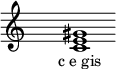  \relative c'{ \override Staff.TimeSignature #'stencil = ##f \cadenzaOn s1 <c e gis> s1 \cadenzaOff } \addlyrics { \small { c_e_gis } } 