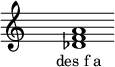  \relative c'{ \override Staff.TimeSignature #'stencil = ##f \cadenzaOn s1 <des f a> s1 \cadenzaOff } \addlyrics { \small { des_f_a } } 