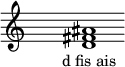  \relative c'{ \override Staff.TimeSignature #'stencil = ##f \cadenzaOn s1 <d fis ais> s1 \cadenzaOff } \addlyrics { \small { d_fis_ais } } 