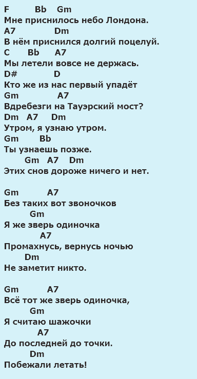 мне приснилось небо Лондона - текст песни Земфиры и аккорды для исполнения на гитаре