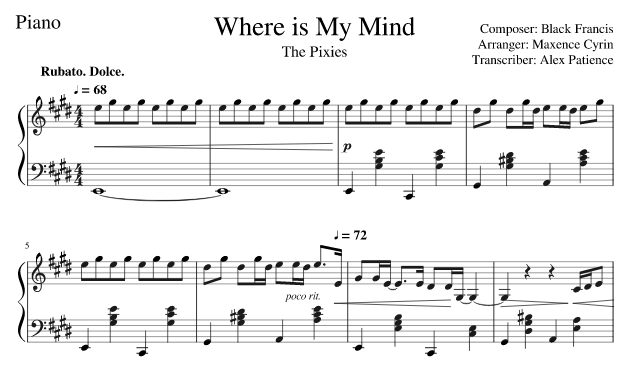 Where is my mind аккорды. Pixies where is my Mind Ноты. Pixies where is my Mind Ноты для фортепиано. The Pixies where is my Mind фортепиано. Where is my Mind Ноты для фортепиано.